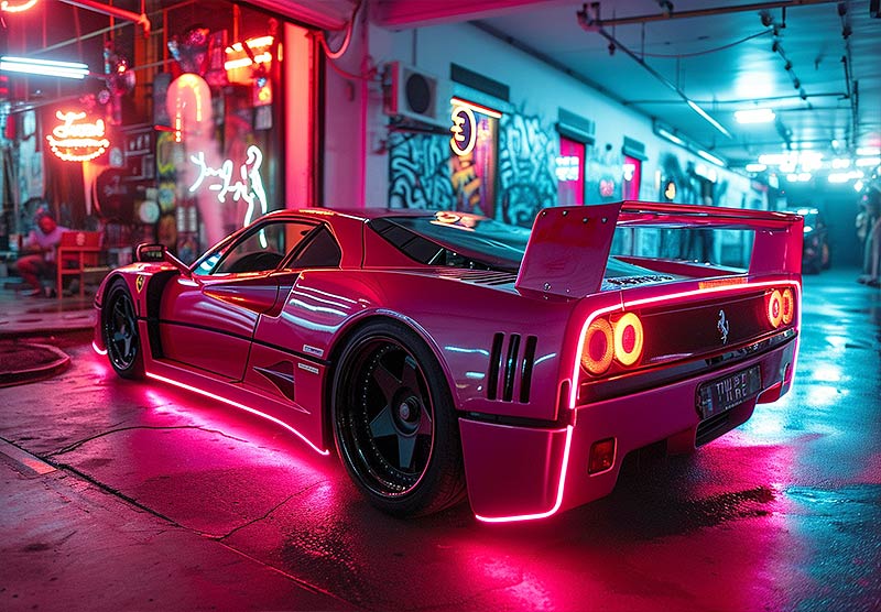 Glowing Ferrari Testarossa with pink and blue cyberpunk lighting pulling into an indoor garage unit