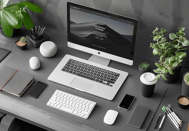 Computer and accessories on a grey desk with some green plants